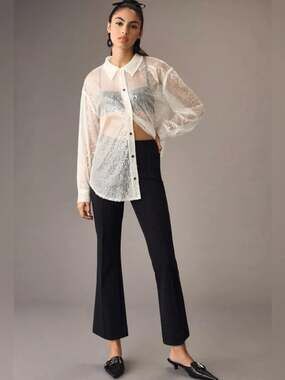 Maeve Anthropologie Margot Kick-Flare Cropped Pinstripe Pants Size Large Black
